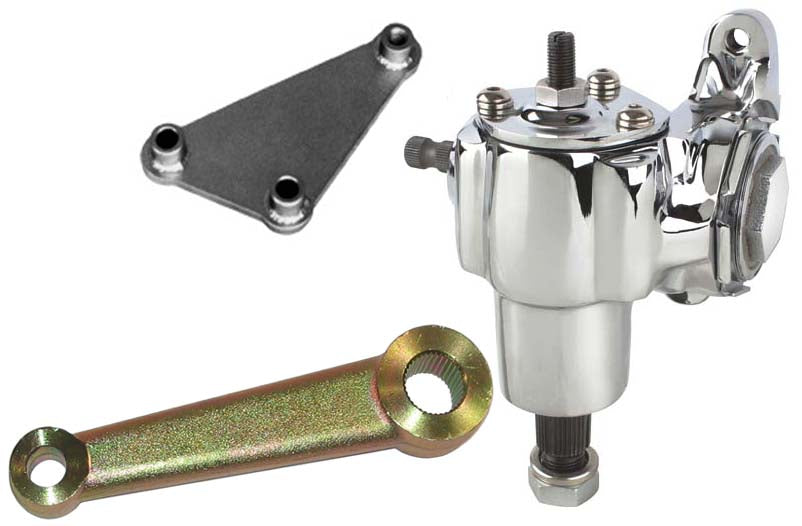 VEGA 140 MANUAL CHROME STEERING BOX,WELD-ON MOUNTING BRACKET & GOLD PITMAN ARM
