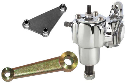 VEGA 140 MANUAL CHROME STEERING BOX,WELD-ON MOUNTING BRACKET & GOLD PITMAN ARM