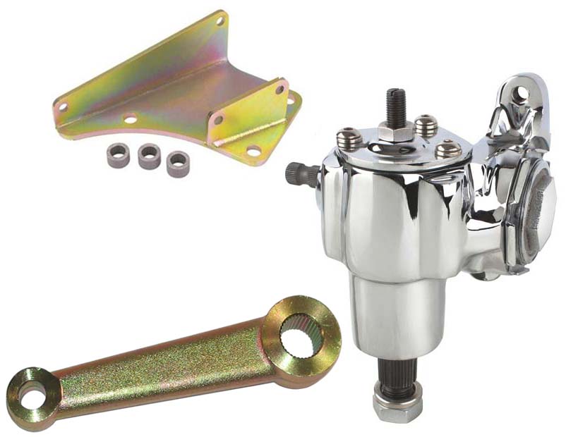 VEGA 140 MANUAL CHROME STEERING BOX,35-41 FORD MOUNTING BRACKET,GOLD PITMAN ARM