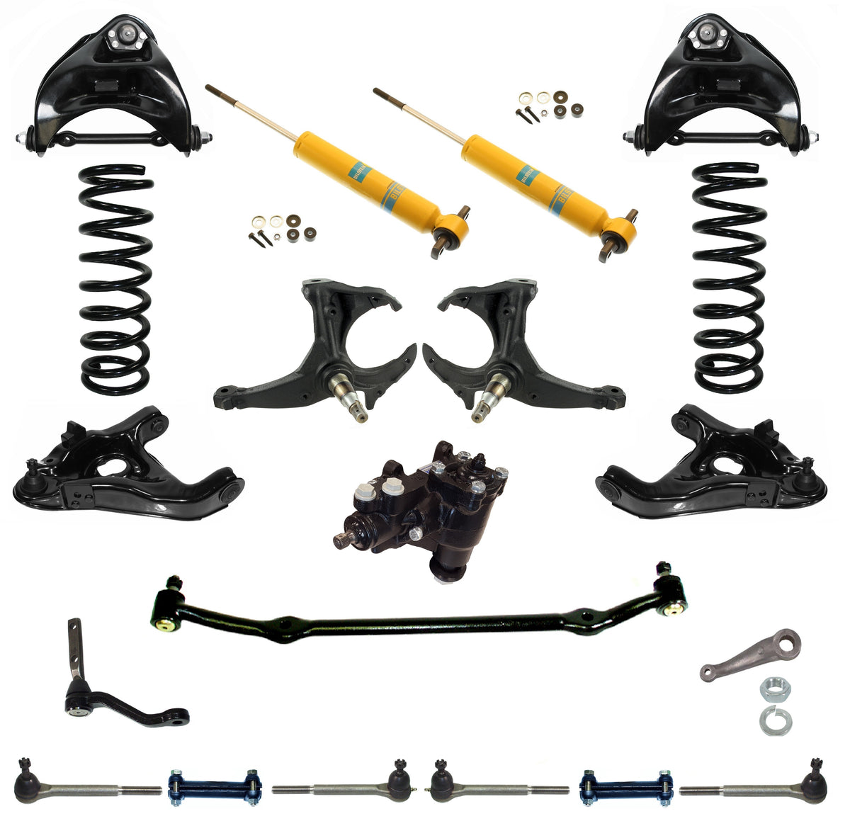 FRONT SUSPENSION & STEERING WITH BOX,ARMS,SPRINGS,SHOCKS,SPINDLES,LINKAGES,78-88