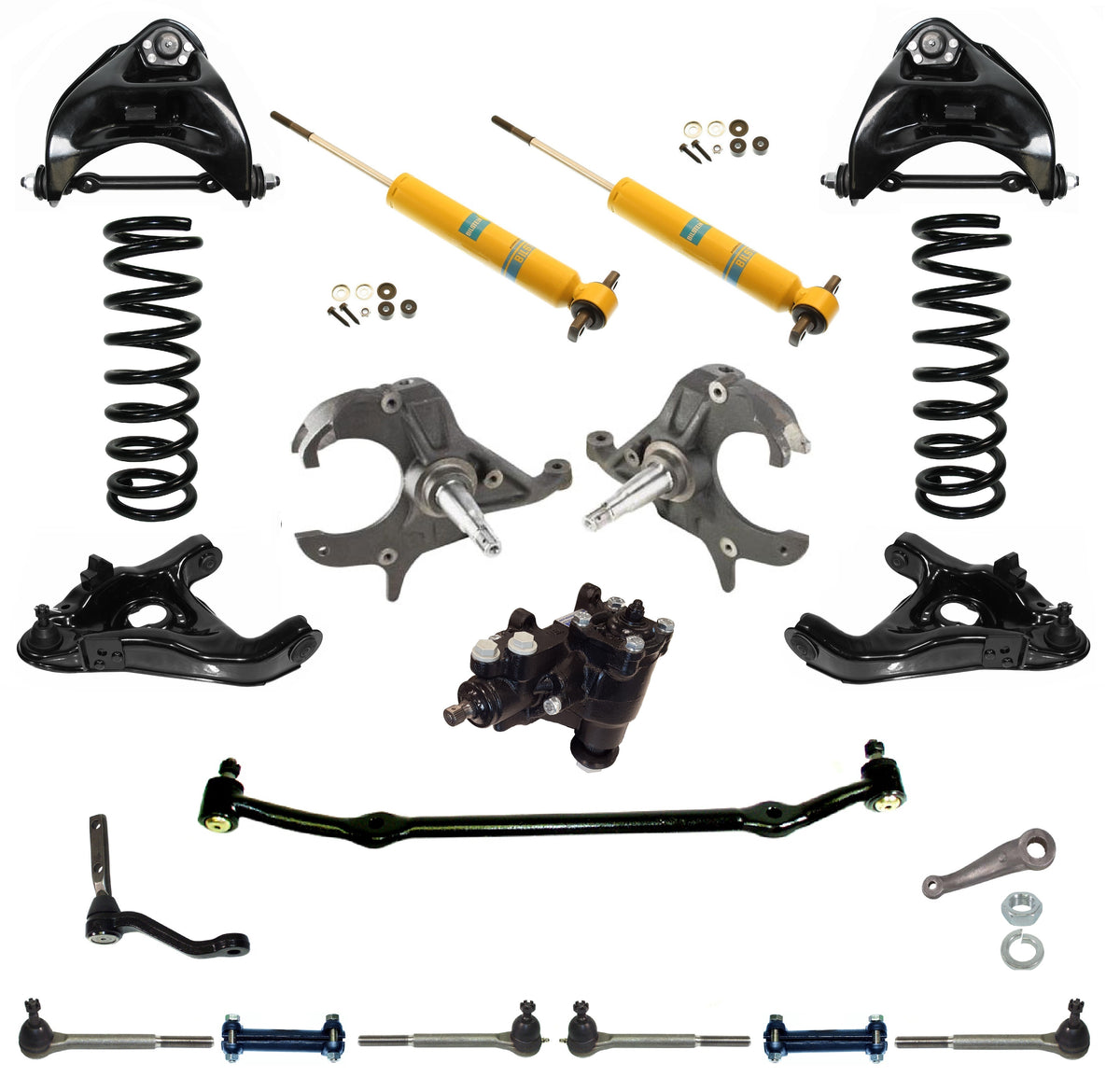 FRONT SUSPENSION & STEERING WITH BOX,ARMS,SPRINGS,SHOCKS,SPINDLES,LINKAGES,DROP