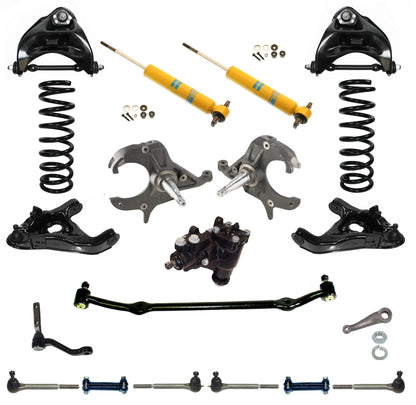 FRONT SUSPENSION & STEERING WITH BOX,ARMS,SPRINGS,SHOCKS,SPINDLES,LINKAGES,DROP