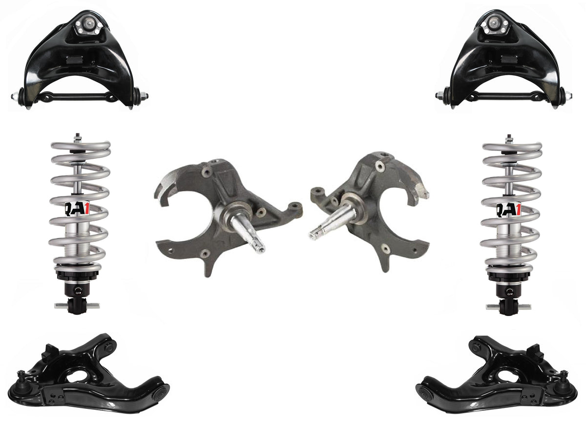 FRONT SUSPENSION SET,QA1 COILOVERS,ARMS,SPINDLES,78-88 GM G-BODY,2" DROP