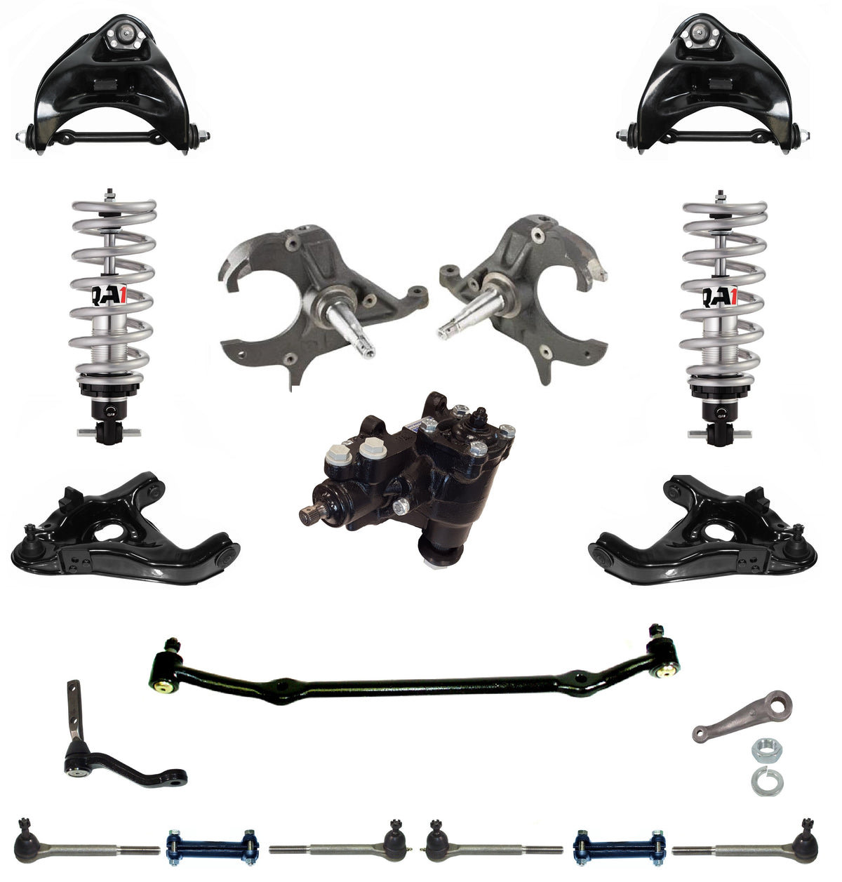 FRONT SUSPENSION & STEERING SET WITH BOX,QA1 COILOVERS,ARMS,SPINDLE,78-88 G,DROP
