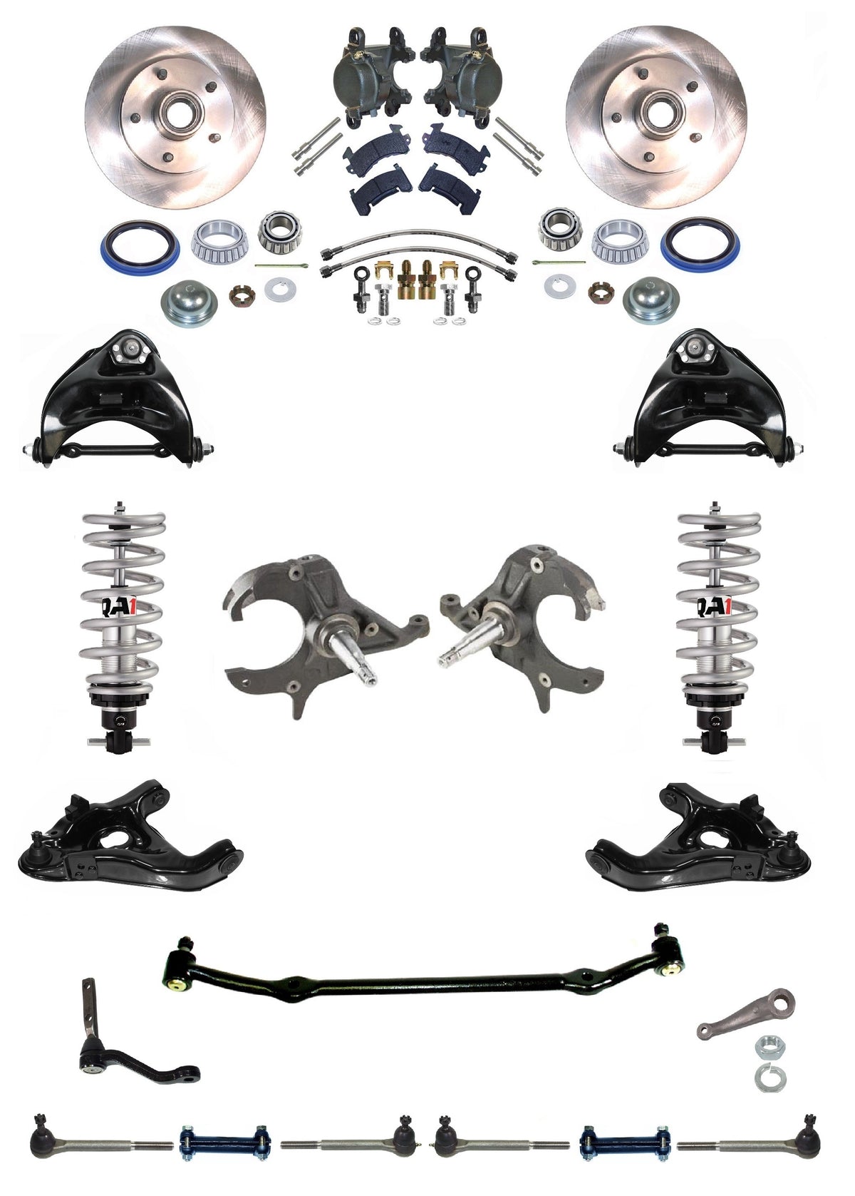 FRONT SUSPENSION,STEERING & BRAKE SET,ARMS,QA1 COILOVERS,SPINDLES,78-88 G,DROP