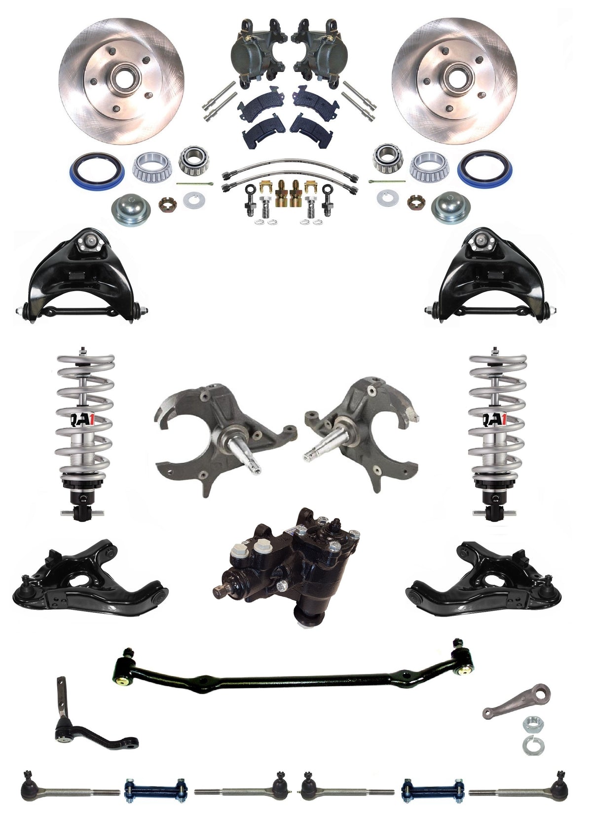 FRONT SUSPENSION,STEERING & BRAKE WITH BOX,ARMS,QA1 COILOVERS,SPINDLES,78-88,DRP