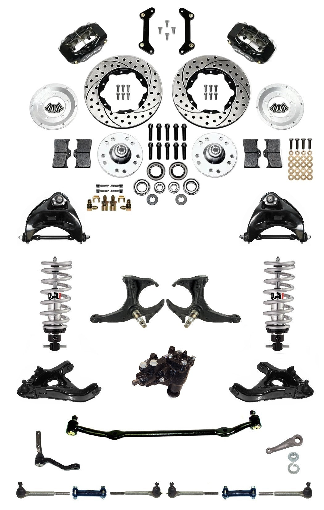 FRONT SUSPENSION,STEERING & WILWOOD BRAKE WITH BOX,ARMS,QA1 COILOVERS,SPINDLES