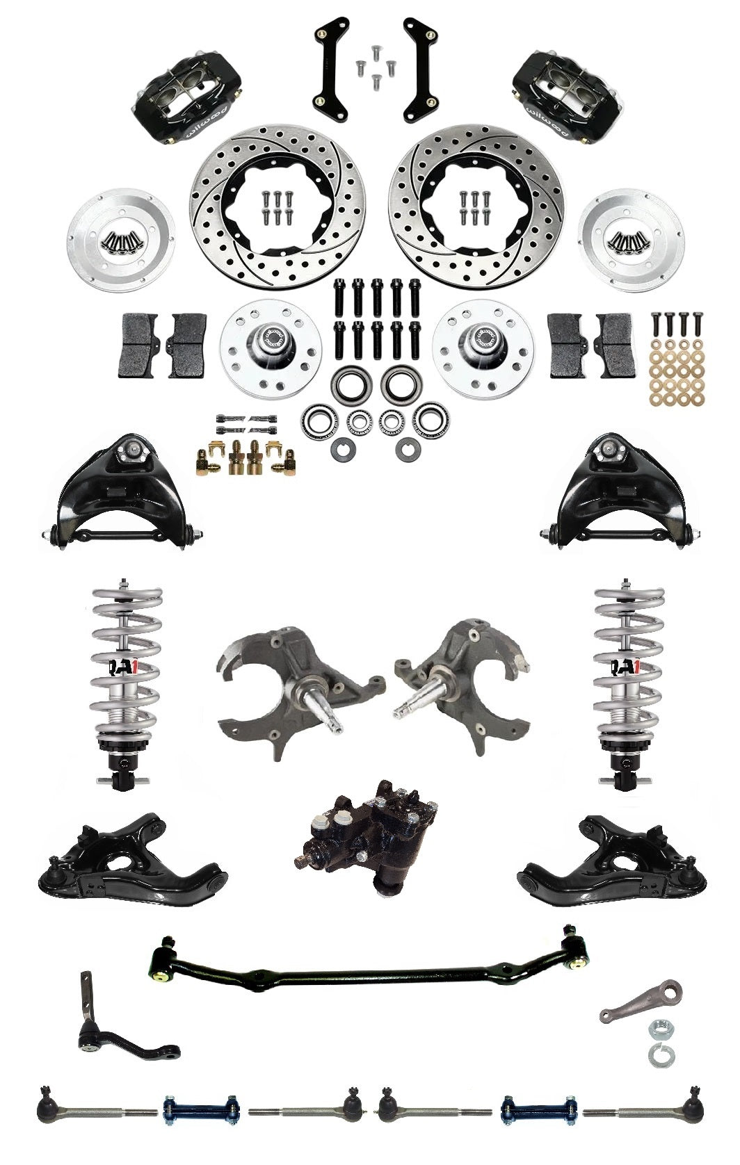 FRONT SUSPENSION,STEERING & WILWOOD BRAKE WITH BOX,ARMS,QA1 COILOVERS,SPINDLES,D