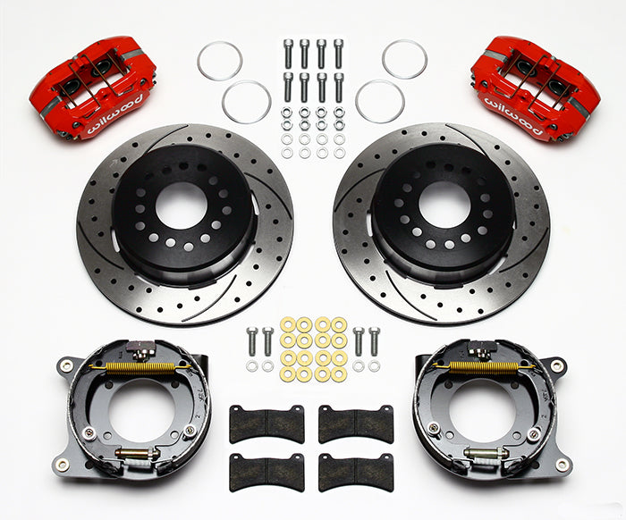59-64 B-BODY FULL DISC BRAKE KIT,11" DRILLED ROTORS,RED CALIPERS