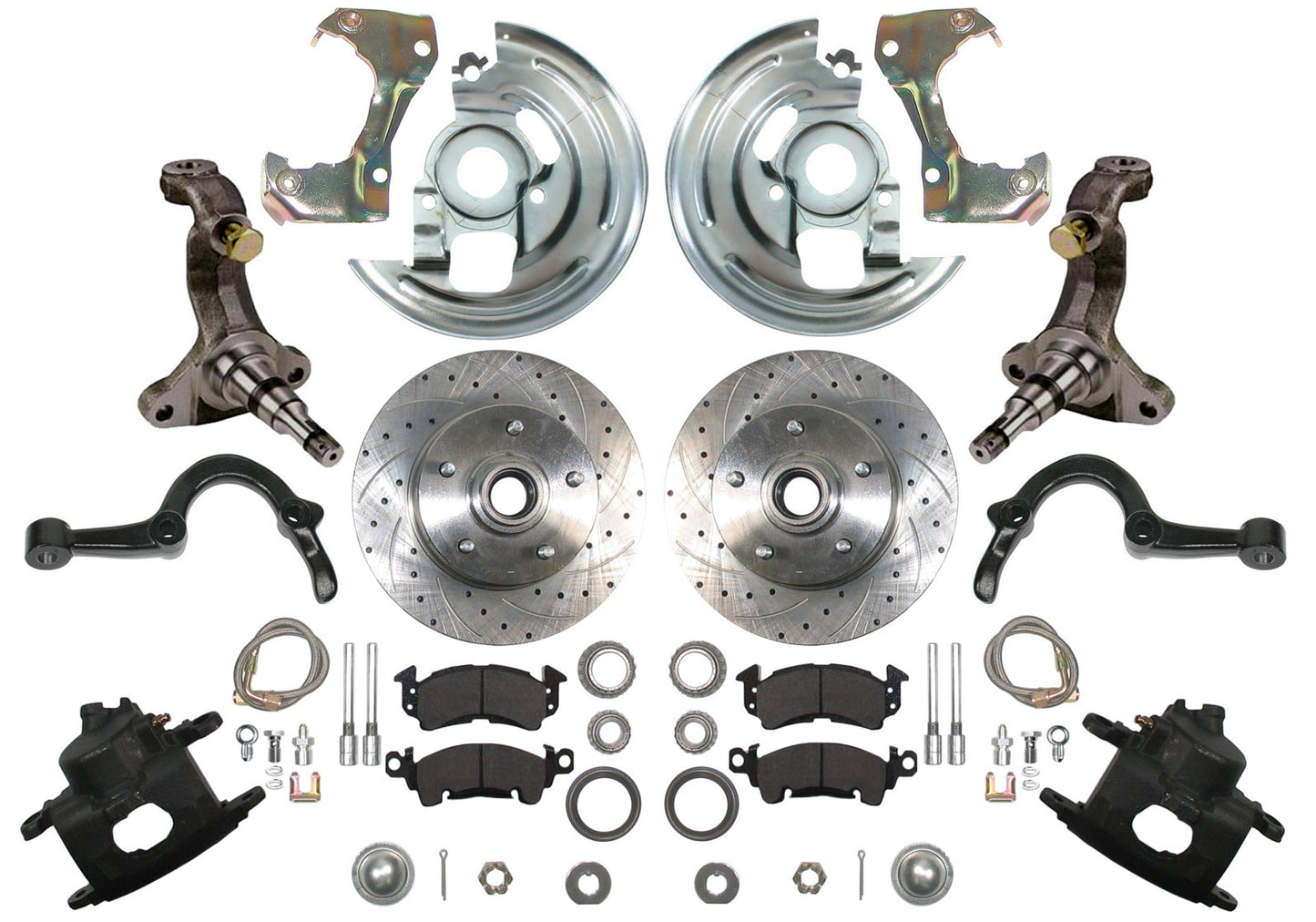 64-72 A-BODY DISC BRAKE & STOCK HEIGHT SPINDLE KIT,11" DRILLED ROTORS,CALIPERS