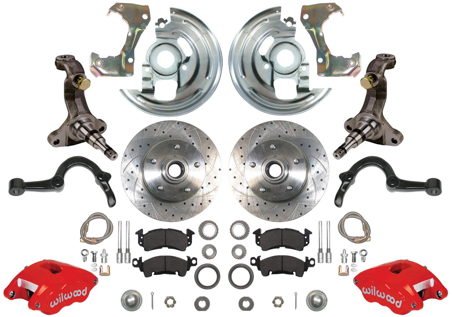 64-72 A-BODY DISC BRAKE & STOCK HEIGHT SPINDLE KIT,11" DRILLED ROTOR,RED WILWOOD