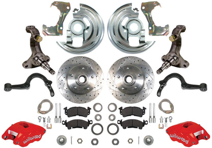 64-72 A-BODY DISC BRAKE & STOCK HEIGHT SPINDLE KIT,11" DRILLED ROTOR,RED WILWOOD
