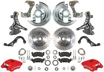 67-69 F-BODY DISC BRAKE & 2" DROP SPINDLE KIT,11" DRILLED ROTORS,RED CALIPERS