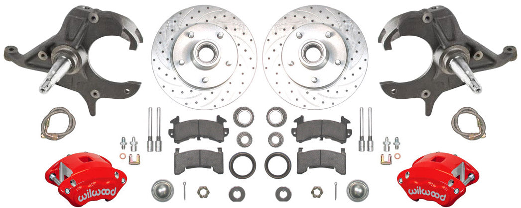 79-87 G-BODY DISC BRAKE & 2" DROP SPINDLE KIT,10.5" DRILLED ROTORS,RED CALIPERS