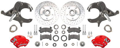 79-87 G-BODY DISC BRAKE & 2" DROP SPINDLE KIT,10.5" DRILLED ROTORS,RED CALIPERS