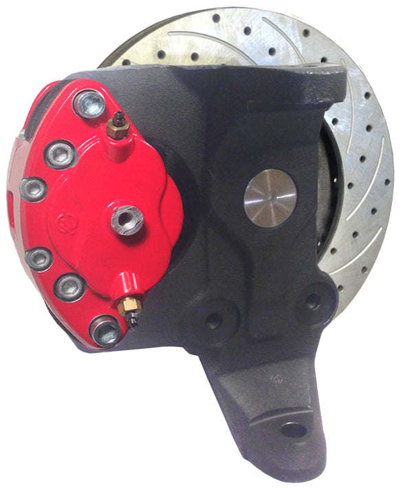 55-57 CHEVY DISC BRAKE & 2" DROP SPINDLE KIT,10.5" DRILLED ROTORS,RED WILWOOD