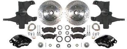 59-64 CHEVY DISC BRAKE & 2" DROP SPINDLE KIT,11" DRILLED ROTORS,BLACK WILWOOD