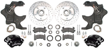 67-69 F-BODY DISC BRAKE & 1-PIECE 2" DROP SPINDLE KIT,11" DRILLED ROTORS,BLACK