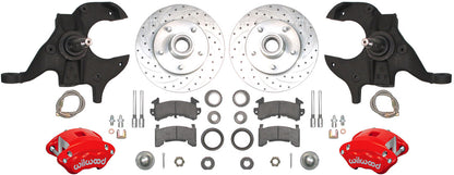 64-72 A-BODY DISC BRAKE & 1-PIECE 2" DROP SPINDLE KIT,11" DRILLED ROTORS,RED CAL