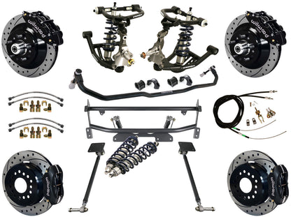COILOVER & 4-LINK SYSTEM,WILWOOD 13"/12" DRILLED BRAKES,BLACK CALIPER,68-74 NOVA