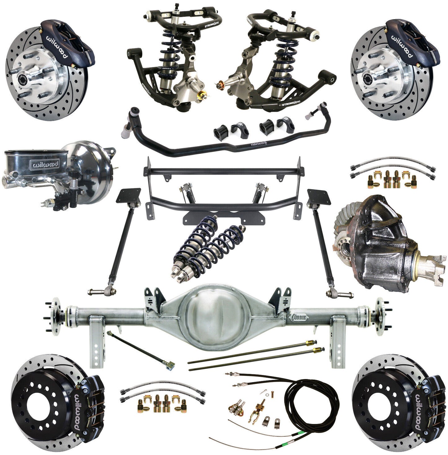 COILOVER & 4-LINK SYSTEM,CURRIE REAR END,WILWOOD 11" DRILLED,BLACK,68-74 NOVA