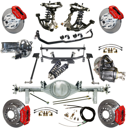 COILOVER & 4-LINK SYSTEM,CURRIE REAR END,WILWOOD 11" BRAKES,RED,68-74 NOVA