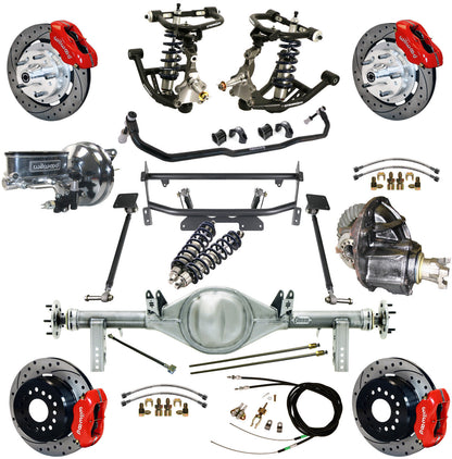 COILOVER & 4-LINK SYSTEM,CURRIE REAR END,WILWOOD 12" DRILLED,RED,68-74 NOVA