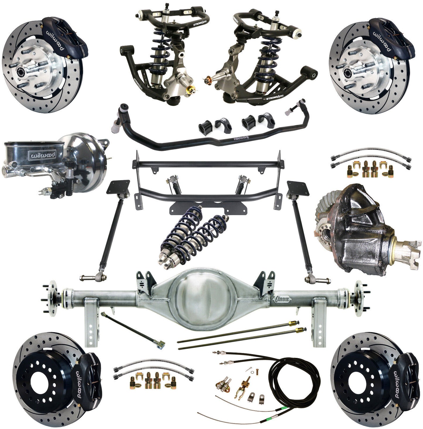 COILOVER & 4-LINK SYSTEM,CURRIE REAR END,WILWOOD 12" DRILLED,BLACK,68-74 NOVA
