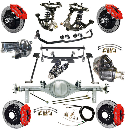 COILOVER & 4-LINK SYSTEM,CURRIE REAR END,WILWOOD 13" DRILLED,RED,68-74 NOVA