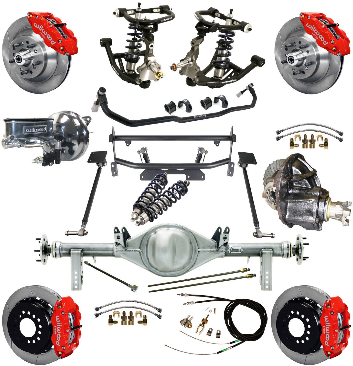 COILOVER & 4-LINK SYSTEM,CURRIE REAR END,WILWOOD 13" BRAKES,RED,68-74 NOVA