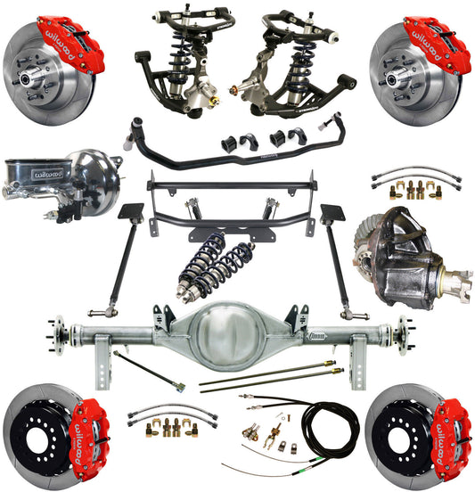 COILOVER & 4-LINK SYSTEM,CURRIE REAR END,WILWOOD 13" BRAKES,RED,68-74 NOVA