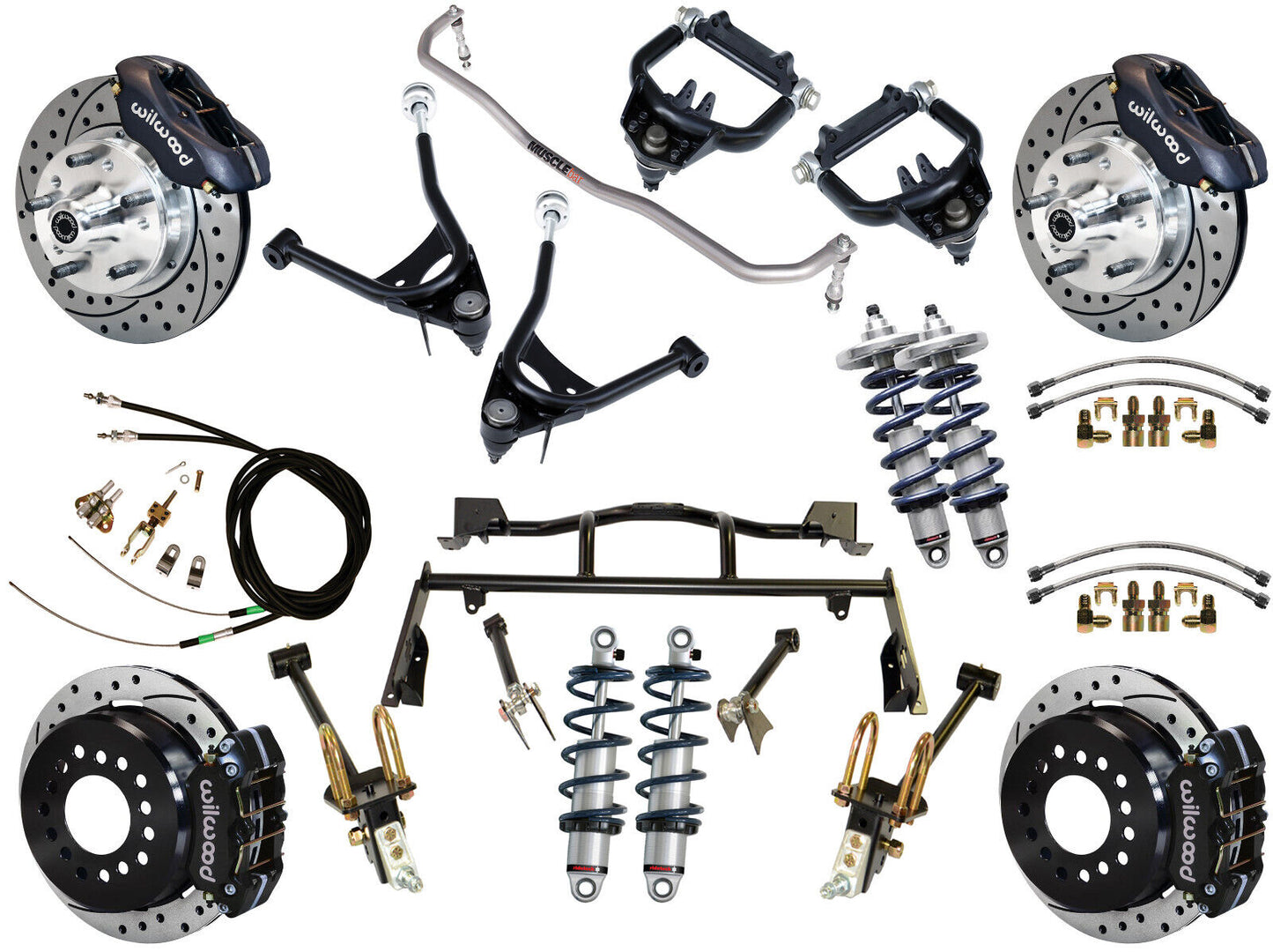 COILOVER & 4-LINK SYSTEM,ARMS,WILWOOD 11" DRILLED BRAKES,BLACK CALIPERS,67-70
