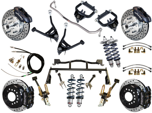 COILOVER & 4-LINK SYSTEM,ARMS,WILWOOD 11" DRILLED BRAKES,BLACK CALIPERS,67-70
