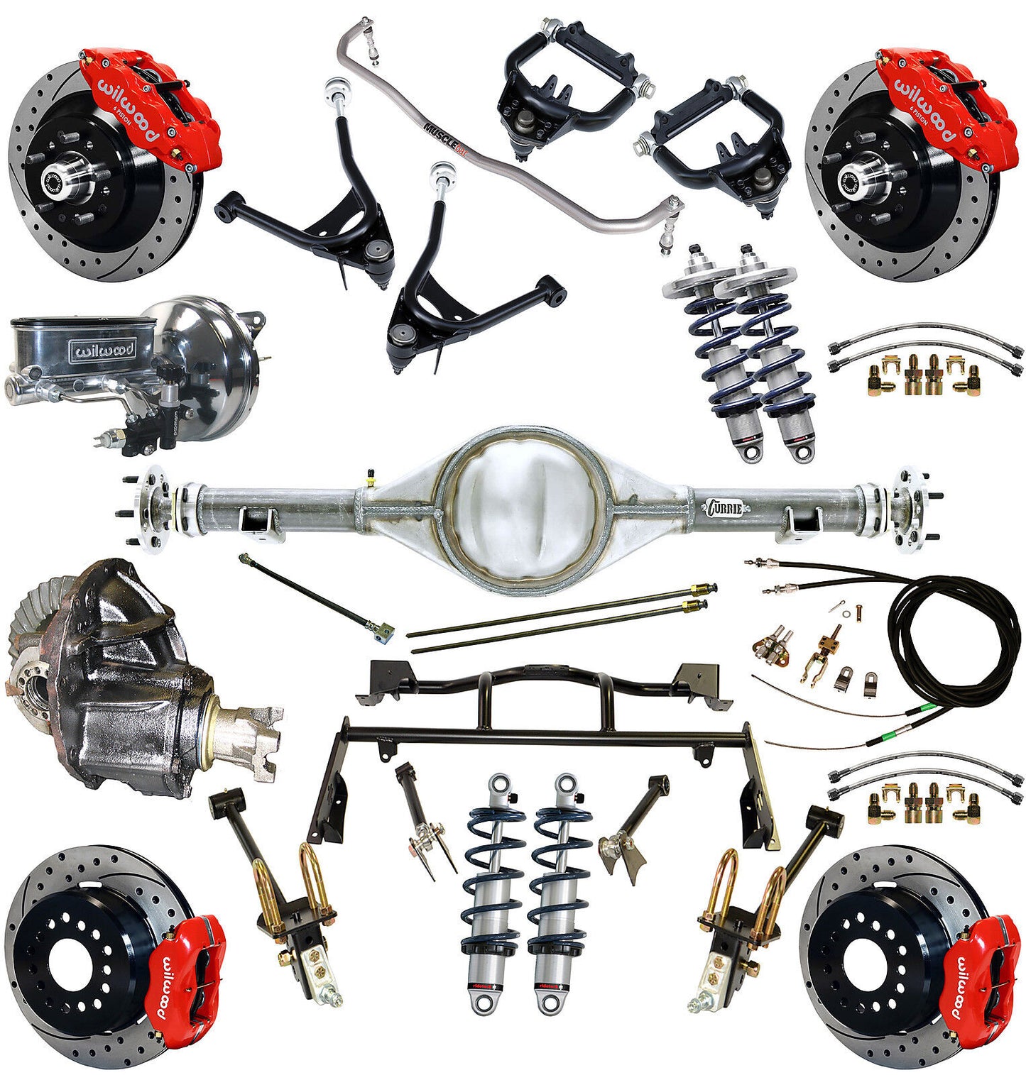 COILOVER & 4-LINK SYSTEM,CURRIE REAR END,WILWOOD 13"/12" DRILLED,RED,67-70 MERC