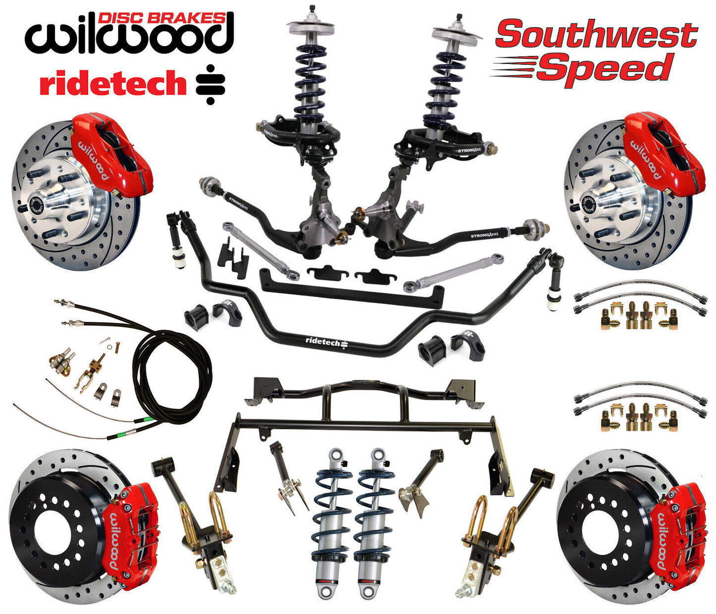 COILOVER & 4-LINK SYSTEM,ARMS,WILWOOD 11" DRILLED BRAKES,RED CALIPERS,64-66 FORD