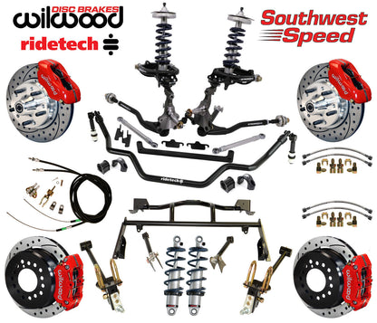 COILOVER & 4-LINK SYSTEM,ARMS,WILWOOD 11" DRILLED BRAKES,RED CALIPERS,64-66 FORD