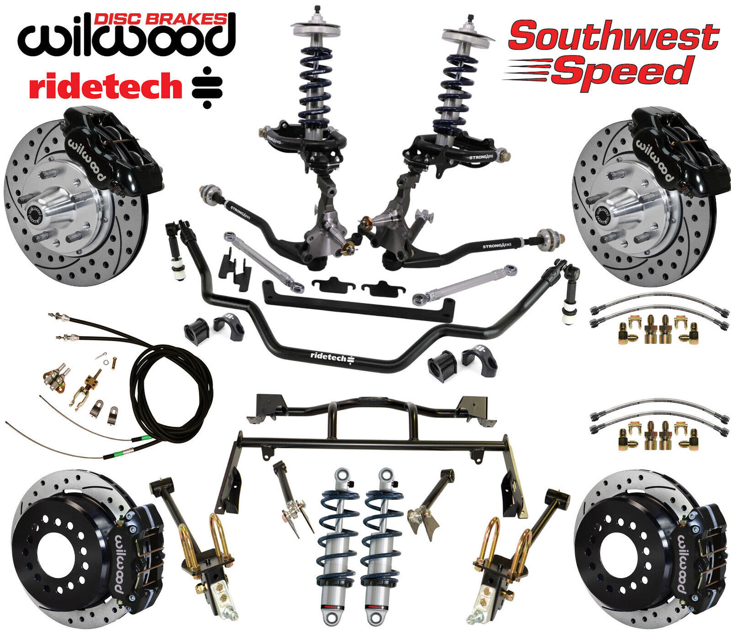 COILOVER & 4-LINK SYSTEM,ARMS,WILWOOD 11" DRILLED BRAKES,BLACK CALIPERS,64-66