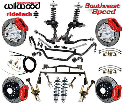 COILOVER & 4-LINK SYSTEM,ARMS,WILWOOD 12" DRILLED BRAKES,RED CALIPERS,64-66 FORD
