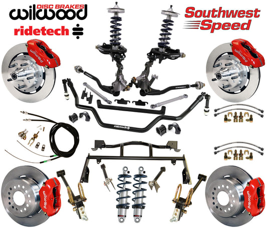 COILOVER & 4-LINK SYSTEM,ARMS,WILWOOD 12" BRAKES,RED CALIPERS,64-66 MUSTANG