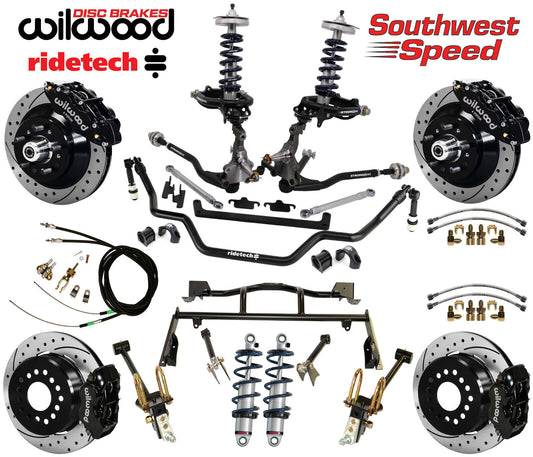 COILOVER & 4-LINK SYSTEM,ARMS,WILWOOD 13/12" DRILLED BRAKES,BLACK CALIPERS,64-66