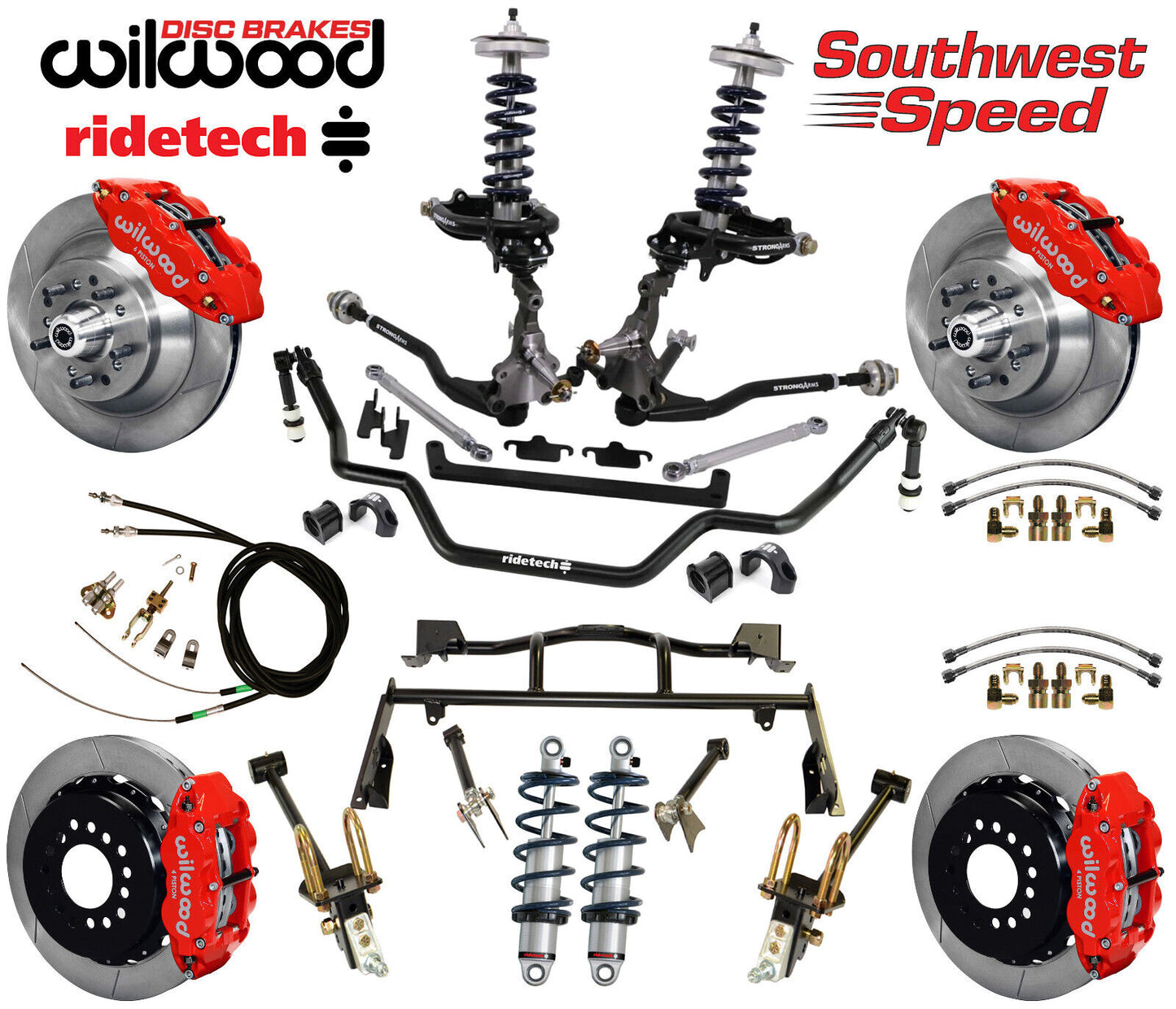COILOVER & 4-LINK SYSTEM,ARMS,WILWOOD 13" BRAKES,RED CALIPERS,64-66 MUSTANG