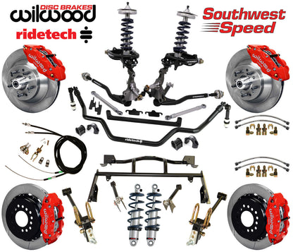 COILOVER & 4-LINK SYSTEM,ARMS,WILWOOD 13" BRAKES,RED CALIPERS,64-66 MUSTANG