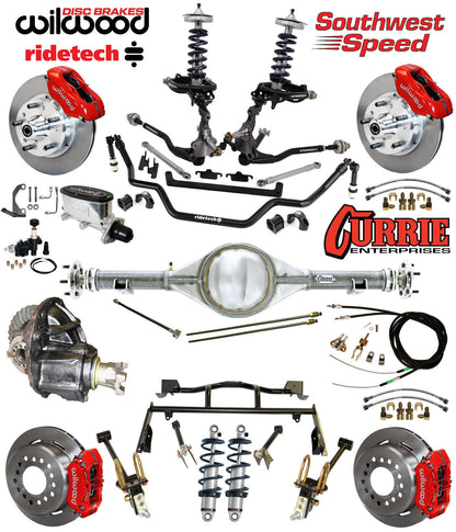 COILOVER & 4-LINK SYSTEM,CURRIE REAR END,WILWOOD 11" BRAKES,RED,64-66 MUSTANG