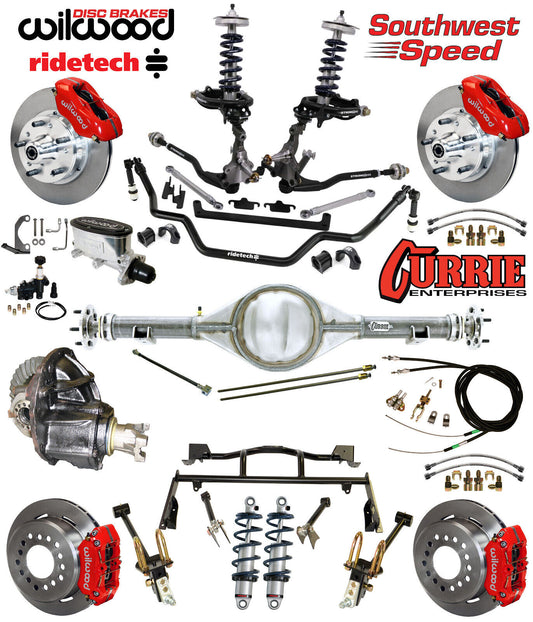 COILOVER & 4-LINK SYSTEM,CURRIE REAR END,WILWOOD 11" BRAKES,RED,64-66 MUSTANG