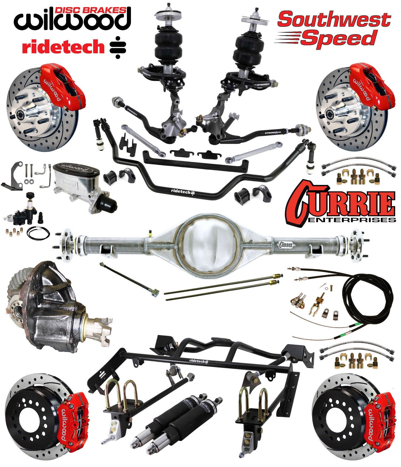 AIR RIDE & 4-LINK SYSTEM,CURRIE REAR END,WILWOOD 11" DRILLED BRAKES,RED,64-66