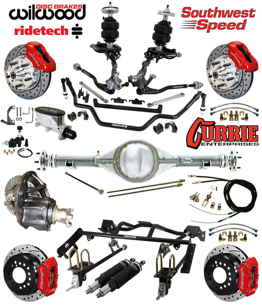AIR RIDE & 4-LINK SYSTEM,CURRIE REAR END,WILWOOD 11" DRILLED BRAKES,RED,64-66