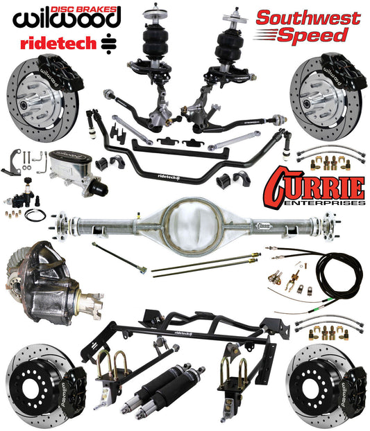 AIR RIDE & 4-LINK SYSTEM,CURRIE REAR END,WILWOOD 12" DRILLED BRAKES,BLACK,64-66