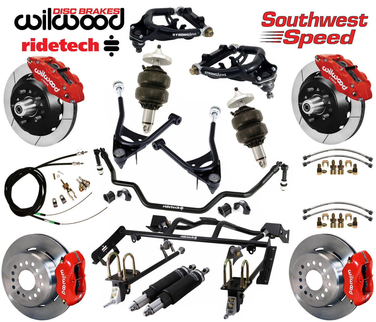 AIR RIDE & 4-LINK SYSTEM,ARMS,WILWOOD 13/12" BRAKES,RED CALIPERS,67-70 MUSTANG