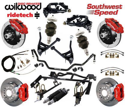 AIR RIDE & 4-LINK SYSTEM,ARMS,WILWOOD 13/12" BRAKES,RED CALIPERS,67-70 MUSTANG