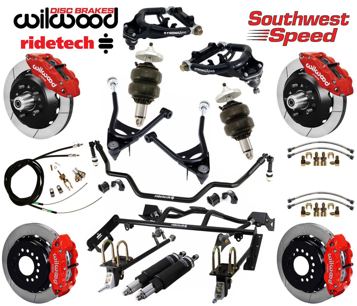 AIR RIDE & 4-LINK SYSTEM,ARMS,WILWOOD 13" BRAKES,RED CALIPERS,67-70 MUSTANG